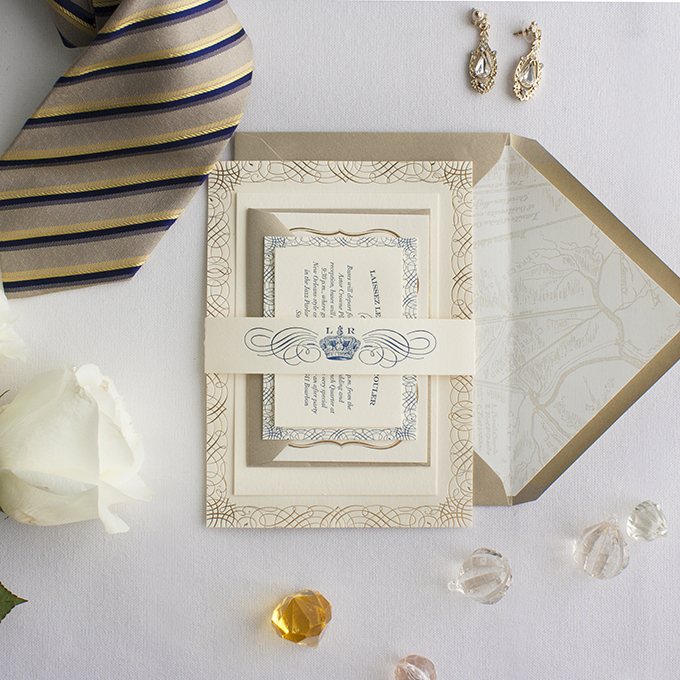 Inspired by the antiquity and romance of the French Quarter in New Orleans, this invitation suite is perfect for a soiré of Mardi Gras proportions or for an intimate celebration with family and friends.