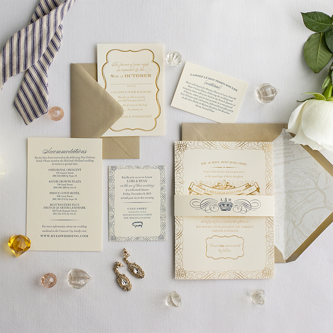 Inspired by the antiquity and romance of the French Quarter in New Orleans, this invitation suite is perfect for a soiré of Mardi Gras proportions or for an intimate celebration with family and friends.