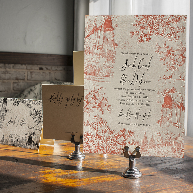 French Toile De Jouy Lined Envelopes, Fine Art Wedding Invitation